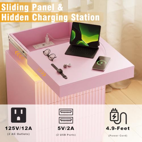 Image of Nightstand Bedside Table with Charging Station & LED Lights, Pink | RGB Lights, Hidden Sliding Top, 2 AC Outlets & 2 USB Ports, 3-Drawer Storage, Modern Fluted End Table for Bedroom