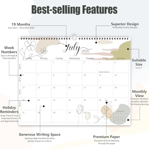 Guasslee Wall Calendar 2025-2026, 2025 Calendar Wall, 19-Month Planner Wall, 2025 Jun - 2026 Dec, 14\" X 11\" Monthly Calendar Spiral Bound with Thick Paper, Week Numbers for School Year Home Office