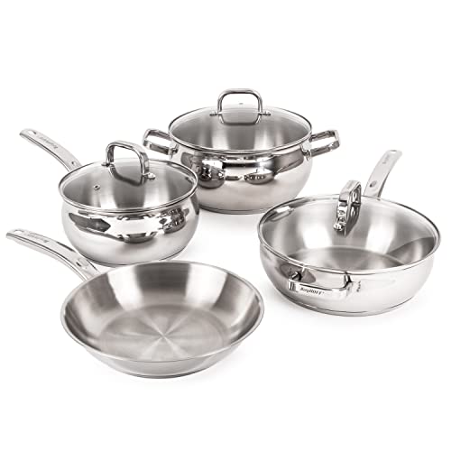 BergHOFF Belly Shape 18/10 Stainless Steel 7Pc Cookware Set, Glass Lids, Fast, Evenly Heat, Induction Cooktop Ready
