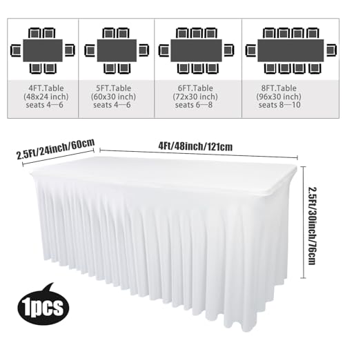 White Spandex Table Skirt for Rectangle Tables (4Ft) | 1-Pack Stretch Pleated Tablecloth for 48" L x 24" W x 30" H Rectangular Tables | Suitable for Banquets, Trade Shows, Birthday2