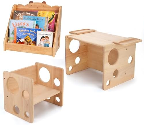 Woodtoe Montessori Weaning Table and Chair Set for Toddler, Natural Solid Wooden Kids Table Cube Chair for Boy Girl, with Montessori Bookshelf for Kids, Kids Magazine Rack Book Display Organizer