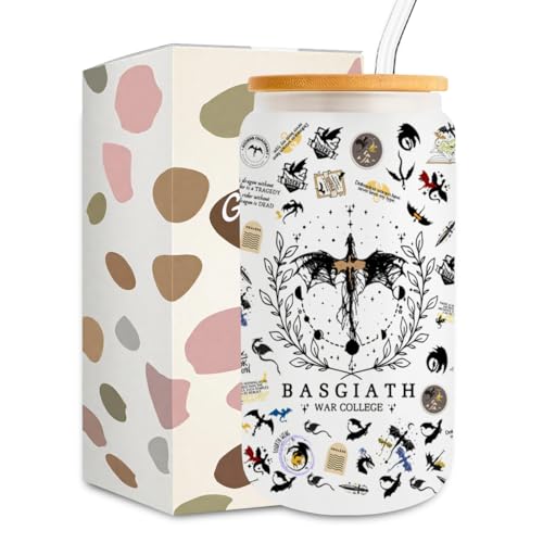 LONGXIN Fourth Gift Merch, Inspired Fantasy Book Lover Gifts, Wing Bookish Dragon Merchandise, 16 oz Iced Coffee Glass Cup with Lid Straw