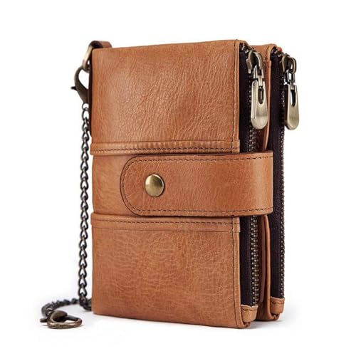 Image of boshiho Genuine Leather Bifold Chain Wallet for Men RFID Blocking | Heavy Duty Steel Anti-Theft Chain & 2 Zipper Coin Purse. Perfect for Bikers, Daily Commute, Gift for Dad /Husband
