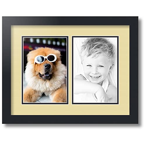 ArtToFrames Collage Photo Frame Double Mat with 2-6x9 inch Openings with Black Frame and Buttercup Top Mat