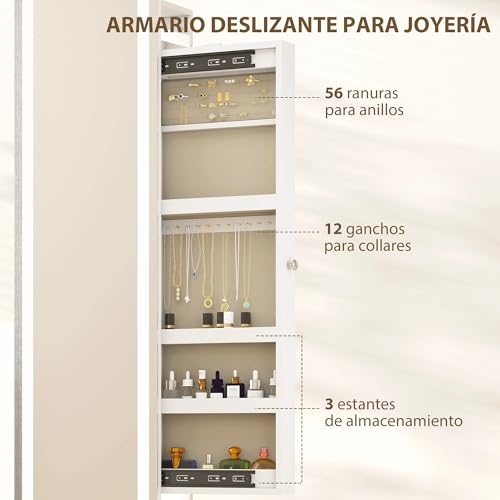 HOMCOM Espejo Joyero con Luces LED, Armario para Joyas, Armario Joyero con Espejo Entero, Perchero, Giratorio de 360°, Estantes Abiertos, Barras para Colgar, Blanco - imagen 5