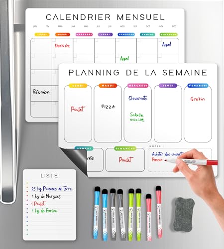 SKYCROO ® Calendrier Magnetique Frigo Blanc x3 + Accessoires - Planificateur Hebdomadaire + Mensuel + Mémo Aimanté Planning Semaine Tableau Magnétique...