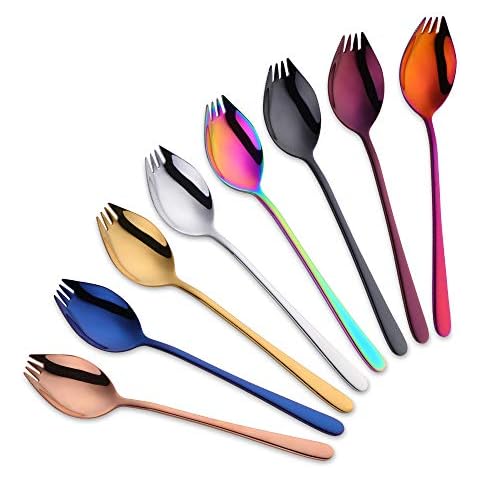 SBOMHS 8 Pieces (3 in 1) Spork Stainless Steel Knife Spoon Fork Set Camping Cutlery Set 8 Colors Cover
