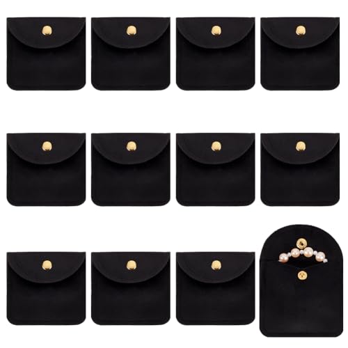 UNICRAFTALE 12Pcs Pochette a Gioielli in Velluto Morbido Pochette Rettangolare Nera Sacchetto Regalo per Gioielli con Bottone a Pressione Sacchetto di Riordinamento Portatile per Anello, Orecchino