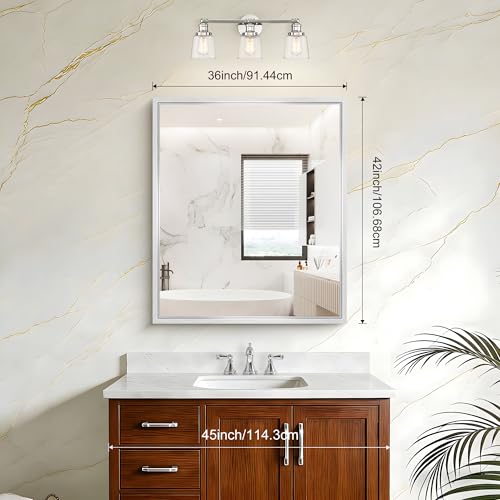 Image of Bathroom Mirror, 42 x 36 Inch Brushed Silver Rectangle Mirror, 0.6 inch Thickened Deep Metal Frame Rectangular Vanity Mirror, Wall Mounted Mirror for Bedroom Living Room, Horizontal or Vertical