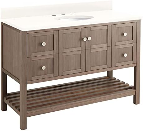 Signature Hardware 953313-48-UM-8 Olsen 48" Single Vanity Set with Wood Cabinet, Stone Vanity Top, and Oval Undermount Porcelain Sink - 8" Faucet Holes - Ash Brown/Arctic White