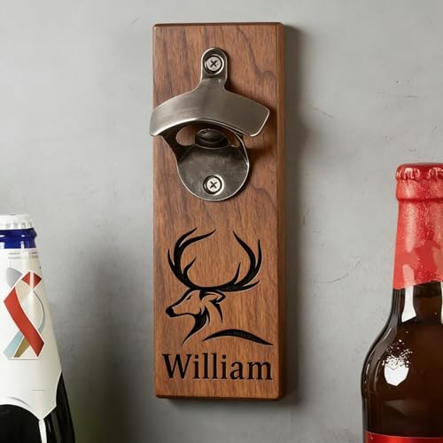 Abridor De Botellas De Cerveza Magnético Personalizado, Abridor De Botellas De Madera Grabado Personalizado Montado En La Pared Con Tapa Magnética, Regalos For Novio, Abuelo, Marido, Tío(Walnut)