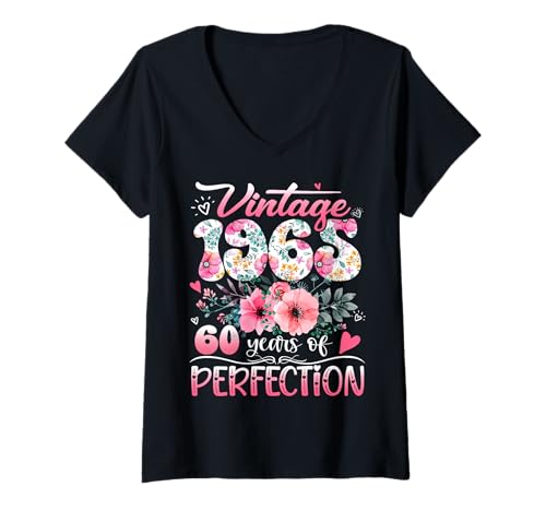 Femme Vintage 1965 Floral 60 Years Of Perfection 60th B-day Party T-Shirt avec Col en V