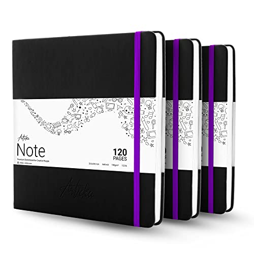 Articka Hardcover Sketchbook – 8x8 Square Sketch Journal, 3-Pack – 360 Pages, 180GSM Thick Paper – Hard Cover Sketch Book for Drawing & Journaling – Small Sketch Book with Elastic Closure