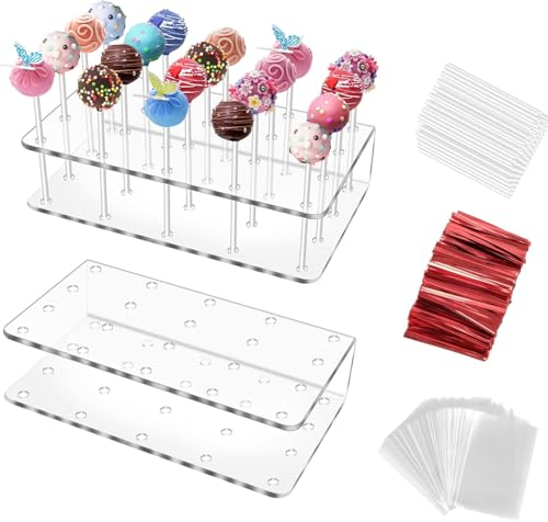 2 Stück Cake Pop Ständer 20 Löcher Cake Pop Halter Acryl Popcake Halterung mit 100 Cake Pop Stiele Lollipop Halter Ständer für Hochzeit Geburtstag Abschlussball Backverkauf