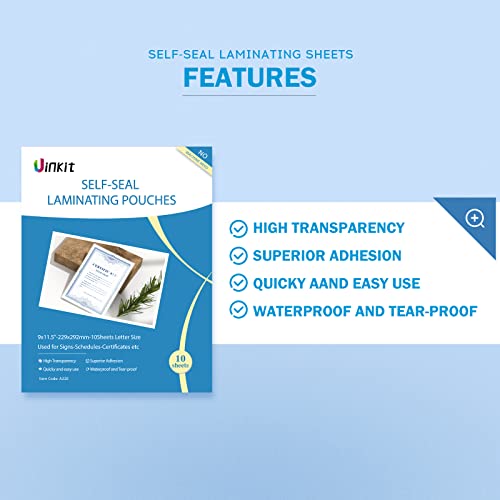 Uinkit Self Sealing Laminating Pouches, Waterproof Lamination Sheets for Document Permanent Adhesive 9x11.5inches 10Pack 10mil Thick Gloss Finish No Need Machine (9x11.5Inchesx10Pack) - Thumbnail 2