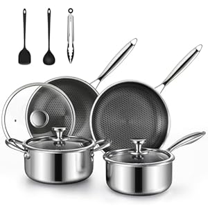 10 Pcs Non Stick Pots and Pans Set with Lids, Hybrid Stainless Steel Cookware Set, Skillet,Stock Pot,Frying Pan,Kitchen Cooking Utensils,Non Toxic,Induction,Dishwasher Safe