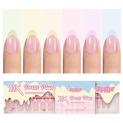 Image of Beetles French Tips Press On Nails, Pastel Spring Nails Medium Almond 6 Colors 192 Pcs, Spring Fake Nail Tips, Pink Blue Green Soft Gel Nails False Nails Art DIY For Women