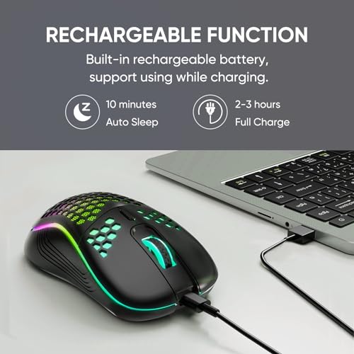 Image of MELOGAGA Wireless Gaming Mouse RGB Rechargeable Lightweight Honeycomb Black | 7-Color LED Light, 4 DPI Levels, USB-C Recharge & Stable 2.4G Wireless for PC Mac Laptop Desktop Computers