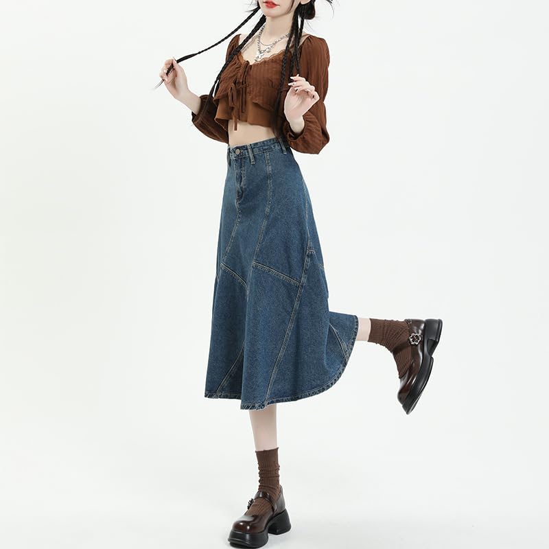 utcoco Women's High Waist Long Denim Skirt Stitch Ruffle Swing A-Line Jean Midi Skirt with Pockets3