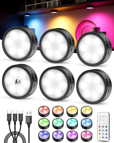 Tedmos Radar Motion Sensor Puck Lights with Remote, 2400mAh RGB Rechargeable Wireless Under Cabinet...