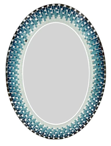 Zorigs Espejo decorativo para pared, espejo de pared decorativo hecho a mano, espejo de mosaico verde azulado, espejo ovalado de 32 x 24 pulgadas para pasillo, dormitorio, baño, sala de estar