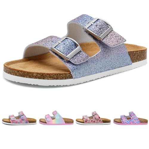 Torotto Kinder Pantoletten Mit Kork Hausschuhe Jungen Mädchen Pantoffeln Riemen Verstellbare Schnalle Rutschfeste Badelatschen für Drinnen und Draußen(Lila Glitter 34EU)