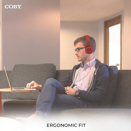 Image of Coby Super Bass Over Ear Headphones w /Adjustable Headband | 3.5 mm AUX in w /Remote | On Ear Headset MP3 Audio Device | One-Touch Answer Button, Built-in Mic (Red)