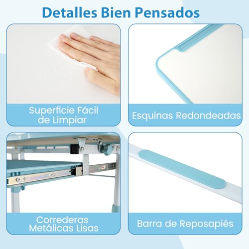 COSTWAY Juego de Escritorio y Silla para Niños, Mesa y Silla Ajustables en Altura, Tablero Inclinable y Soporte para Libros Giratorio, Pupitre para Niños de 3+ Años (Azul) - imagen 8