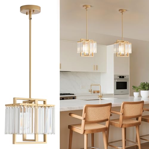 AYCIOLK Gold Pendant Light Kitchen Island, 1-Light Modern Crystal Pendant Light Foyer Lighting Fixture Adjustable Small Pendant Lighting for Dining Room Entryway Hallway Bedroom Living Room