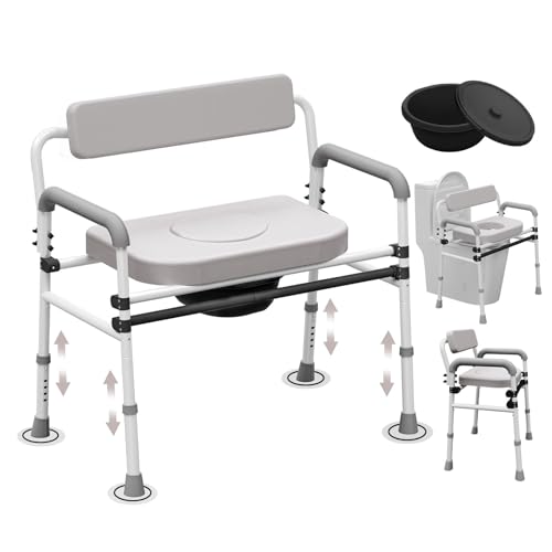 Adjustable Medical Bedside Commode Chair with Padded Backrest, Arm Support,