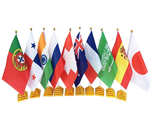 30 Countries Desk Flags Pack International Table Flag Office Flag Stand--8.2 X 5.5 Inches Mini Desktop Flag With 11.8" White Pole With Golden Top-Fade Resistant - Golden Pyramid Stand Bases Included #TOP3
