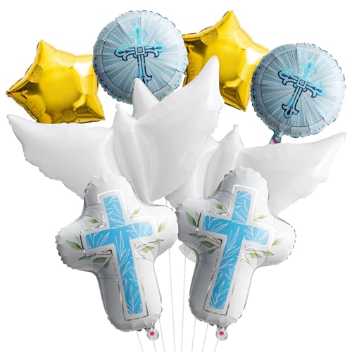 Ballon Première Communion 8 Pièces en Aluminium - Colombe Croix Étoile pour Baptême - Décoration Fête Enfants (Bleu)