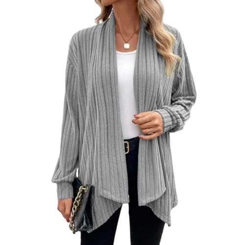 WLLDDDIU Cárdigan de Manga Larga Abierto para Mujer, Suéter Ligero de Punto Acanalado, Cárdigans, Abrigos Casuales, Sueltos y Finos, Ropa de Oficina para Otoño, Gris XS