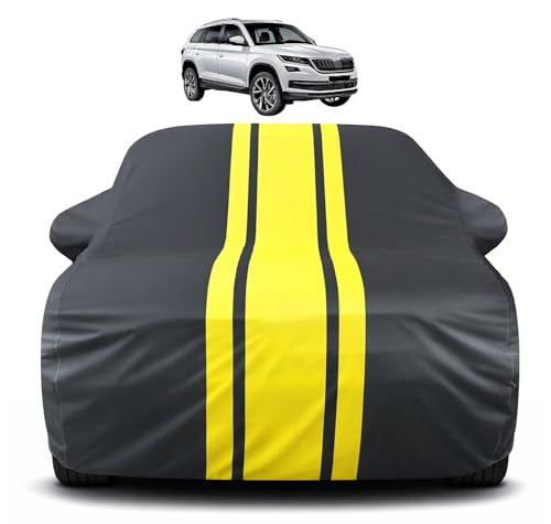 Image of Auto Hub Car Cover Compatible with Skoda Kodiaq with Mirror Pocket, Soft Cotton Lining, Kodiaq Car Cover Waterproof - Yellow-Black