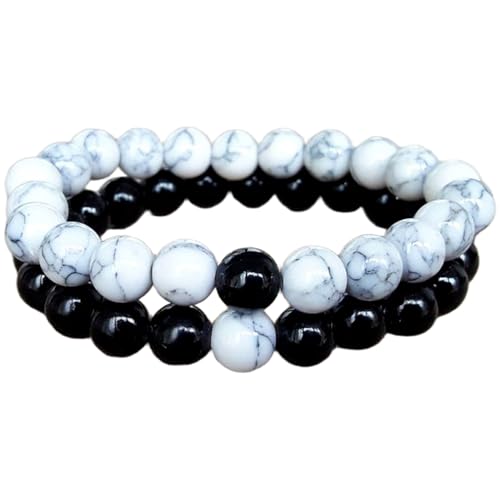 Bracelets extensibles pour couples en howlite et onyx noir 8mm FIZA_CPL_141