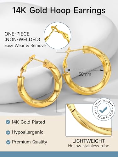Image of Stainless Steel Chunky Hoop Earrings For Women, Minimalist and Chic, Black /Gold Plated, Round Hoops Earrings Hypoallergenic, Size: 30mm /40mm /60mm /80mm, Come with Box