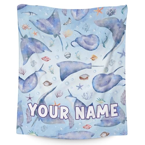 Custom Stingray Blanket with Name for Girls Boys, Cute Soft Gifts for Ocean Lovers, Cozy Flannel Throw for Bed Travel, 50"x60"