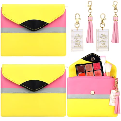 2 Pack Back to School Teacher Appreciation Gift Bags Pencil Pouch Makeup Faux Leather Bags with Pink Tassel and Inspirational Keychain Thank You Gift for Teacher First Day of School Supplies