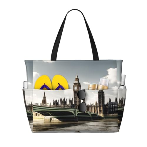 (London) Large Beach Tote Bag For Women With Zipper Foldable Lightweight Travel Pool Bag For Vacation Shopping