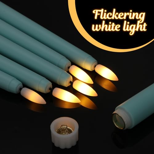 Image of Handepo 48 Pack Flameless Taper Candles Realistic with Flickering Candlelights Plastic 11 Inch Last Long Battery Operated Window Candlestick for Halloween Christmas(Teal)