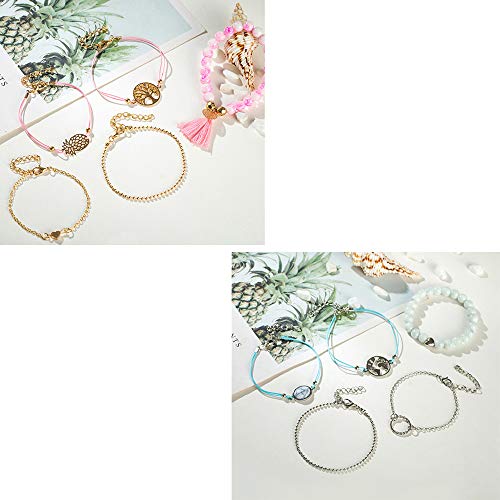 Huture 10pcs Handmade Single Strand Beaded Tone Assorted Layered Beaded Bracelet Set Multiple Stackable Wrap Bangle Boho Pendents Adjustable for Women Girls Charms Jewelry