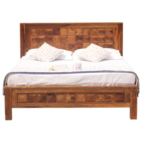 Image of Diomond Sheesham Wood Queen Size Bed Without Storage (84x62 Inch) | Wooden Double Bed Cot for Bedroom Furniture | Modern Palang Design for Home & Hotels | Honey Finish