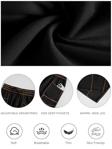 grewley Womens Linen Barrel Pants Baggy Wide Leg Pants Summer Palazzo Drawstring Waist Pants with Pockets Casual Black XXL — view 6