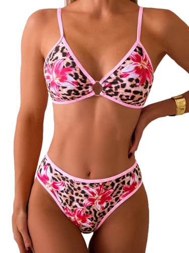 Image of Fanuerg Women's Triangle Bikini Sets O Ring Linked Two Piece Swimsuits Floral Printed Cheeky Bathing Suit