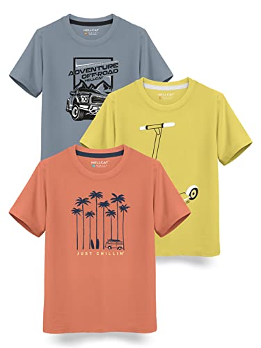 Image of HELLCAT Pista Green Trendy Typographic Printed Cotton Blend Half Sleeve T-Shirt for Boys