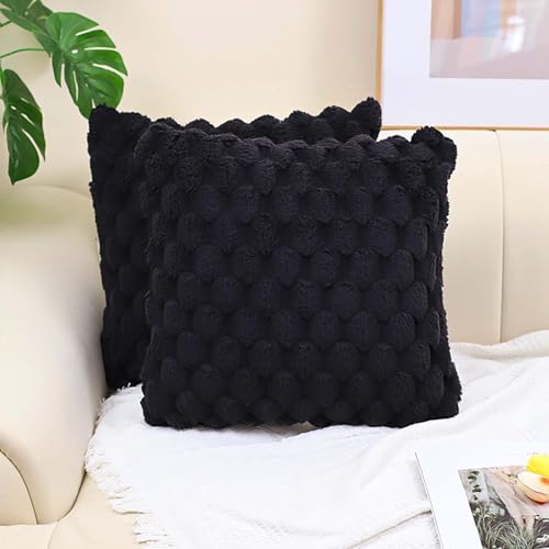 Image of Gemdoit Pack of 2 Black Plush Cushion Covers 45 x 45 cm, Pineapple Texture Plush Cushion Cover, Home Decoration Pillowcases Suitable for Living Room Sofa Bedroom