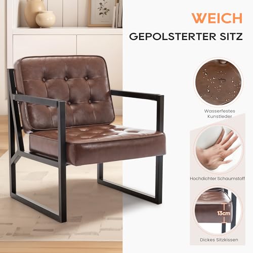 COLAMY Ohrensessel Sessel Wohnzimmer, Leder Accent Chair, Mid Century Modern Kunstleder Empfangssessel mit Metallbeinen für Wohnzimmer Schlafzimmer Empfangsraum Wartezimmer, Braun