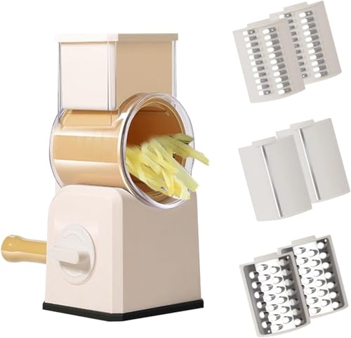 ロータリーチーズスライサー-6枚刃の多機能ドラム野菜カッター-果物、野菜、ナッツ用のハンドル付きの食器洗い機安全な回転式グレーターカッター