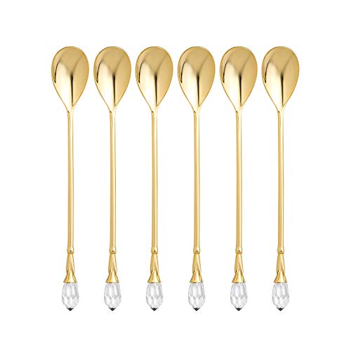 Gold Plated Flatware Tea Spoons with a Clear Crystal Jeweled Tip Set of 6