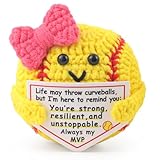 Rimvoe Crochet Positive Softball, with Bow and Motivational Message Card, Knitted Softball Gift for Players, Teammates or Lovers